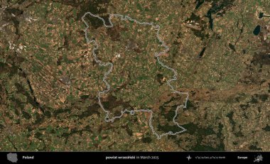 powiat wrzesinski. Polonya 'nın idari bölgesinin ana hatları, Mart 2025' te çekilen Kopernik Nöbetçi karolarından oluşan bir uydu görüntüsü üzerine çizildi.