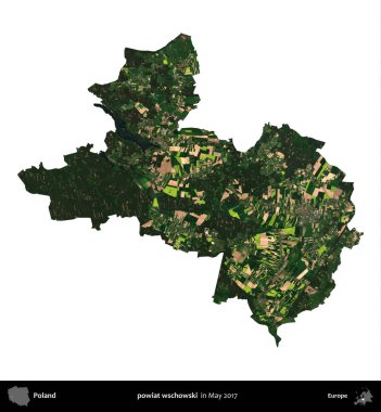 powiat wschowski. Polonya idari bölgesi, Mayıs 2017 'de çekilen Kopernik Nöbetçi karolarından oluşan bir uydu görüntüsü üzerinde beyaza izole edildi.