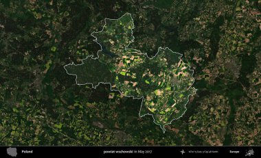 powiat wschowski. Polonya 'nın idari alanı, Mayıs 2017' de çekilen Kopernik Nöbetçi karolarından oluşan koyu renkli bir uydu görüntüsü üzerinde vurgulandı ve özetlendi.