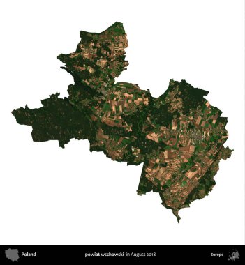 powiat wschowski. Polonya idari bölgesi, Ağustos 2018 'de çekilen Kopernik Nöbetçi karolarından oluşan bir uydu görüntüsü üzerinde beyaza izole edildi.