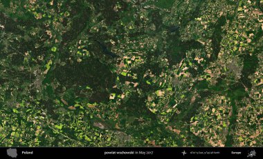 powiat wschowski. Copernicus Sentinel 'in Mayıs 2017' de çekilmiş uydu görüntüsü üzerine Polonya 'nın idari bölgesi.