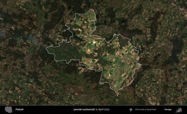 powiat wschowski. Polonya 'nın idari alanı, Nisan 2020' de çekilen Kopernik Nöbetçi karolarından oluşan koyu renkli bir uydu görüntüsü üzerine vurgulandı ve özetlendi