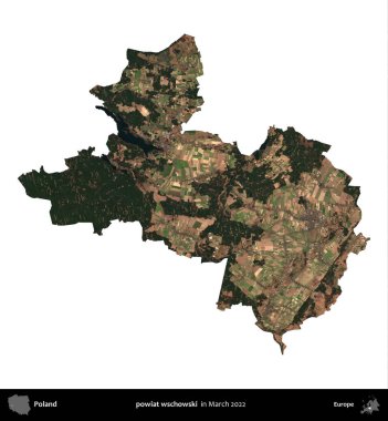 powiat wschowski. Polonya idari bölgesi, Mart 2022 'de çekilen Kopernik Nöbetçi karolarından oluşan bir uydu görüntüsü üzerinde beyaza izole edildi.