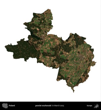 powiat wschowski. Polonya idari bölgesi, Mart 2025 'te çekilen Kopernik Nöbetçi karolarından oluşan bir uydu görüntüsü üzerinde beyaza izole edildi.