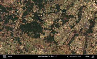 powiat wschowski. Copernicus Sentinel 'in Mart 2022' de çekilmiş uydu görüntüsü üzerine Polonya 'nın idari bölgesi.