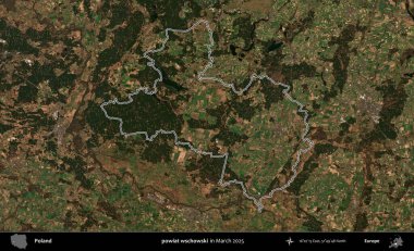 powiat wschowski. Polonya 'nın idari bölgesinin ana hatları, Mart 2025' te çekilen Kopernik Nöbetçi karolarından oluşan bir uydu görüntüsü üzerine çizildi.