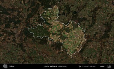 powiat wschowski. Polonya 'nın idari alanı, Mart 2025' te çekilen Kopernik Nöbetçi karolarından oluşan koyu renkli bir uydu görüntüsü üzerine vurgulandı ve özetlendi