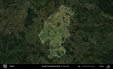 powiat wysokomazowiecki. Polonya 'nın idari alanı, Haziran 2018' de çekilen Kopernik Nöbetçi karolarından oluşan koyu renkli bir uydu görüntüsüyle vurgulandı ve özetlendi