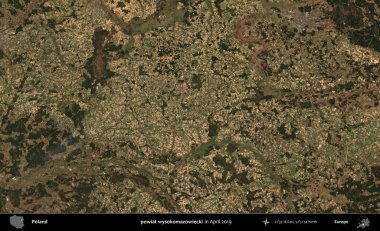 powiat wysokomazowiecki. Nisan 2019 'da çekilen Kopernik Sentinel karolarından oluşan bir uydu görüntüsü üzerine Polonya' nın idari bölgesi