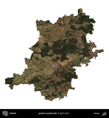 powiat wyszkowski. Polonya idari bölgesi, Nisan 2019 'da çekilen Kopernik Nöbetçi karolarından oluşan bir uydu görüntüsü üzerinde beyaza izole edildi.