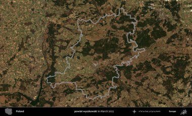 powiat wyszkowski. Polonya 'nın idari bölgesinin ana hatları, Mart 2025' te çekilen Kopernik Nöbetçi karolarından oluşan bir uydu görüntüsü üzerine çizildi.