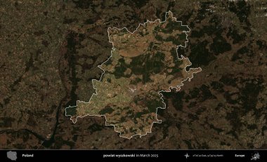 powiat wyszkowski. Polonya 'nın idari alanı, Mart 2025' te çekilen Kopernik Nöbetçi karolarından oluşan koyu renkli bir uydu görüntüsü üzerine vurgulandı ve özetlendi