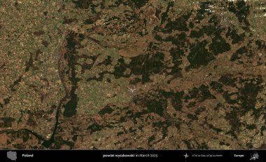 powiat wyszkowski. Copernicus Sentinel 'in Mart 2025' te çekilmiş uydu görüntüsü üzerine Polonya 'nın idari bölgesi
