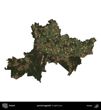 powiat zaganski. Polonya idari bölgesi, Nisan 2020 'de çekilen Kopernik Nöbetçi karolarından oluşan bir uydu görüntüsü üzerinde beyaza izole edildi.