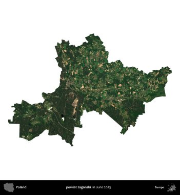 powiat zaganski. Polonya idari bölgesi, Haziran 2023 'te çekilen Kopernik Nöbetçi karolarından oluşan bir uydu görüntüsü üzerinde beyaza izole edildi.