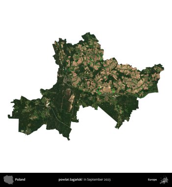 powiat zaganski. Polonya idari bölgesi, Eylül 2023 'te çekilen Kopernik Nöbetçi karolarından oluşan bir uydu görüntüsü üzerinde beyaza izole edildi.