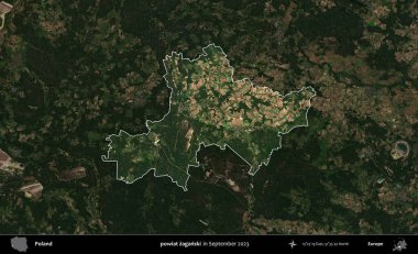 powiat zaganski. Polonya 'nın idari alanı, Eylül 2023' te çekilen Kopernik Nöbetçi karolarından oluşan koyu renkli bir uydu görüntüsü üzerine vurgulandı ve özetlendi.