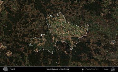 powiat zaganski. Polonya 'nın idari alanı, Mart 2025' te çekilen Kopernik Nöbetçi karolarından oluşan koyu renkli bir uydu görüntüsü üzerine vurgulandı ve özetlendi