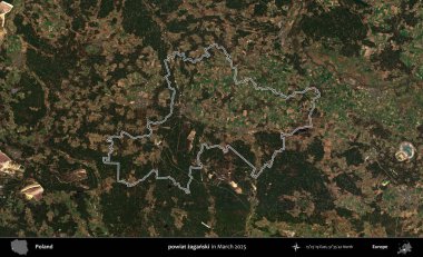 powiat zaganski. Polonya 'nın idari bölgesinin ana hatları, Mart 2025' te çekilen Kopernik Nöbetçi karolarından oluşan bir uydu görüntüsü üzerine çizildi.