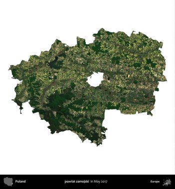 powiat zamojski. Polonya idari bölgesi, Mayıs 2017 'de çekilen Kopernik Nöbetçi karolarından oluşan bir uydu görüntüsü üzerinde beyaza izole edildi.