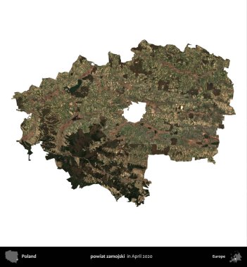 powiat zamojski. Polonya idari bölgesi, Nisan 2020 'de çekilen Kopernik Nöbetçi karolarından oluşan bir uydu görüntüsü üzerinde beyaza izole edildi.
