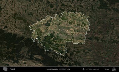 powiat zamojski. Polonya 'nın idari alanı, Ekim 2024' te çekilen Kopernik Nöbetçi karolarından oluşan koyu renkli bir uydu görüntüsü üzerine vurgulandı ve özetlendi