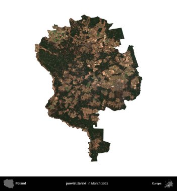 powiat zarski. Polonya idari bölgesi, Mart 2022 'de çekilen Kopernik Nöbetçi karolarından oluşan bir uydu görüntüsü üzerinde beyaza izole edildi.
