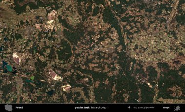 powiat zarski. Copernicus Sentinel 'in Mart 2022' de çekilmiş uydu görüntüsü üzerine Polonya 'nın idari bölgesi.