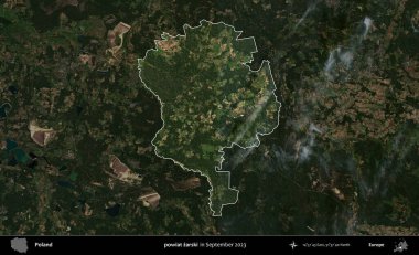 powiat zarski. Polonya 'nın idari alanı, Eylül 2023' te çekilen Kopernik Nöbetçi karolarından oluşan koyu renkli bir uydu görüntüsü üzerine vurgulandı ve özetlendi.