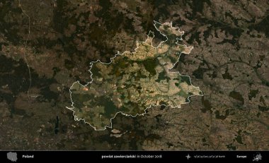 powiat zawiercianski. Polonya 'nın idari alanı, Ekim 2018' de çekilen Kopernik Nöbetçi karolarından oluşan koyu renkli bir uydu görüntüsü üzerine vurgulandı ve özetlendi