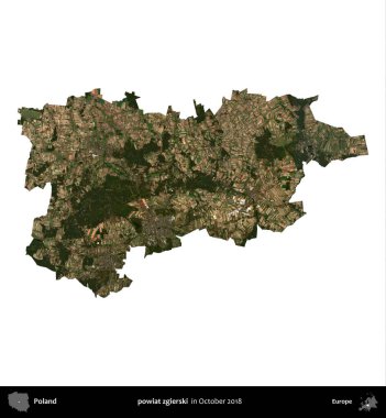 powiat zgierski. Polonya idari bölgesi, Ekim 2018 'de çekilen Kopernik Nöbetçi karolarından oluşan bir uydu görüntüsü üzerinde beyaza izole edildi.