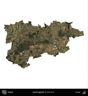 powiat zgierski. Polonya idari bölgesi, Nisan 2019 'da çekilen Kopernik Nöbetçi karolarından oluşan bir uydu görüntüsü üzerinde beyaza izole edildi.