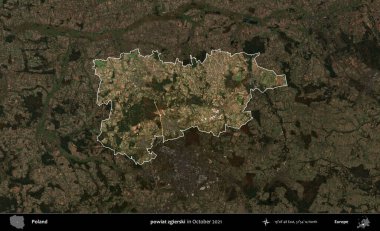 powiat zgierski. Polonya 'nın idari alanı, Ekim 2021' de çekilen Kopernik Nöbetçi karolarından oluşan koyu renkli bir uydu görüntüsü üzerine vurgulandı ve özetlendi