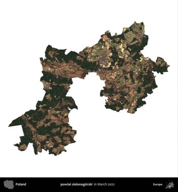 powiat zielonogorski. Polonya idari bölgesi, Mart 2022 'de çekilen Kopernik Nöbetçi karolarından oluşan bir uydu görüntüsü üzerinde beyaza izole edildi.