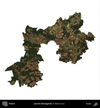 powiat zielonogorski. Polonya idari bölgesi, Mart 2025 'te çekilen Kopernik Nöbetçi karolarından oluşan bir uydu görüntüsü üzerinde beyaza izole edildi.