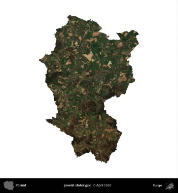 powiat zlotoryjski. Polonya idari bölgesi, Nisan 2020 'de çekilen Kopernik Nöbetçi karolarından oluşan bir uydu görüntüsü üzerinde beyaza izole edildi.