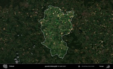 powiat zlotoryjski. Polonya 'nın idari alanı, Haziran 2021' de çekilen Kopernik Nöbetçi karolarından oluşan koyu renkli bir uydu görüntüsüyle vurgulandı ve özetlendi