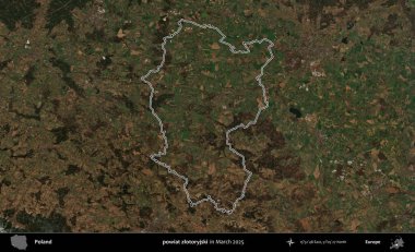 powiat zlotoryjski. Polonya 'nın idari bölgesinin ana hatları, Mart 2025' te çekilen Kopernik Nöbetçi karolarından oluşan bir uydu görüntüsü üzerine çizildi.
