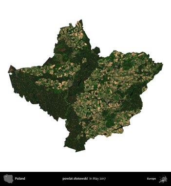 powiat zlotowski. Polonya idari bölgesi, Mayıs 2017 'de çekilen Kopernik Nöbetçi karolarından oluşan bir uydu görüntüsü üzerinde beyaza izole edildi.