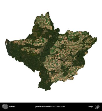 powiat zlotowski. Polonya idari bölgesi, Ekim 2018 'de çekilen Kopernik Nöbetçi karolarından oluşan bir uydu görüntüsü üzerinde beyaza izole edildi.