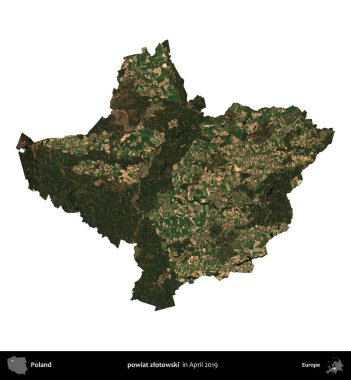 powiat zlotowski. Polonya idari bölgesi, Nisan 2019 'da çekilen Kopernik Nöbetçi karolarından oluşan bir uydu görüntüsü üzerinde beyaza izole edildi.