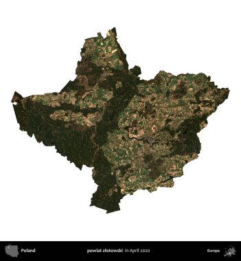 powiat zlotowski. Polonya idari bölgesi, Nisan 2020 'de çekilen Kopernik Nöbetçi karolarından oluşan bir uydu görüntüsü üzerinde beyaza izole edildi.