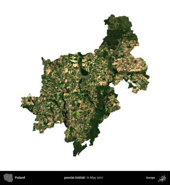 powiat zninski. Polonya idari bölgesi, Mayıs 2017 'de çekilen Kopernik Nöbetçi karolarından oluşan bir uydu görüntüsü üzerinde beyaza izole edildi.