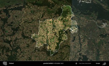 powiat zninski. Polonya 'nın idari alanı, Ekim 2017' de çekilen Kopernik Nöbetçi karolarından oluşan koyu renkli bir uydu görüntüsü üzerine vurgulandı ve özetlendi
