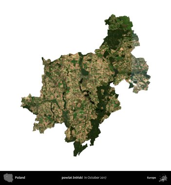 powiat zninski. Polonya 'nın idari bölgesi, Ekim 2017' de çekilen Kopernik Nöbetçi karolarından oluşan bir uydu görüntüsü üzerinde beyaza izole edildi.