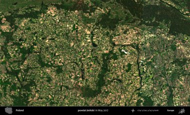 powiat zninski. Copernicus Sentinel 'in Mayıs 2017' de çekilmiş uydu görüntüsü üzerine Polonya 'nın idari bölgesi.