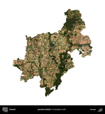 powiat zninski. Polonya idari bölgesi, Ekim 2018 'de çekilen Kopernik Nöbetçi karolarından oluşan bir uydu görüntüsü üzerinde beyaza izole edildi.