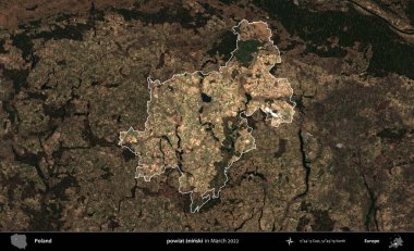 powiat zninski. Polonya 'nın idari alanı, Mart 2022' de çekilen Kopernik Nöbetçi karolarından oluşan koyu renkli bir uydu görüntüsü üzerine vurgulandı ve özetlendi.