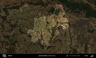 powiat zninski. Polonya 'nın idari alanı, Mart 2025' te çekilen Kopernik Nöbetçi karolarından oluşan koyu renkli bir uydu görüntüsü üzerine vurgulandı ve özetlendi