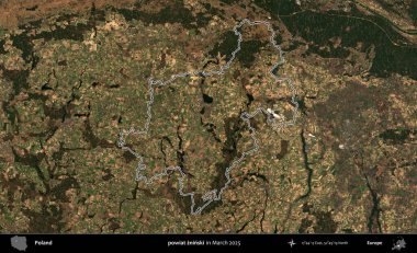 powiat zninski. Polonya 'nın idari bölgesinin ana hatları, Mart 2025' te çekilen Kopernik Nöbetçi karolarından oluşan bir uydu görüntüsü üzerine çizildi.